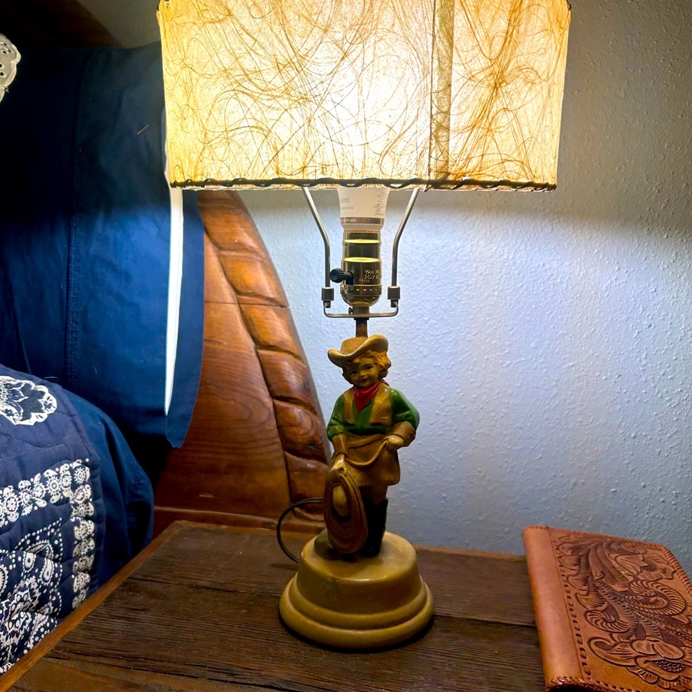 Vintage antique Cowgirl lamp & leather lampshade.